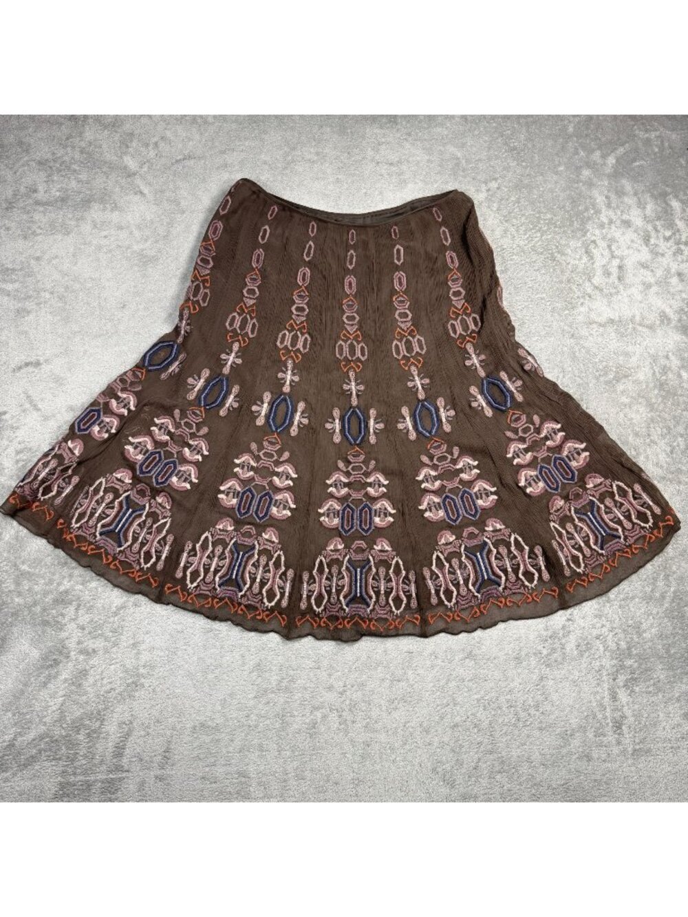 Gianni Bini Brown Silk A-Line Midi Skirt Womens 6 Embroidered Boho Flare Aztec